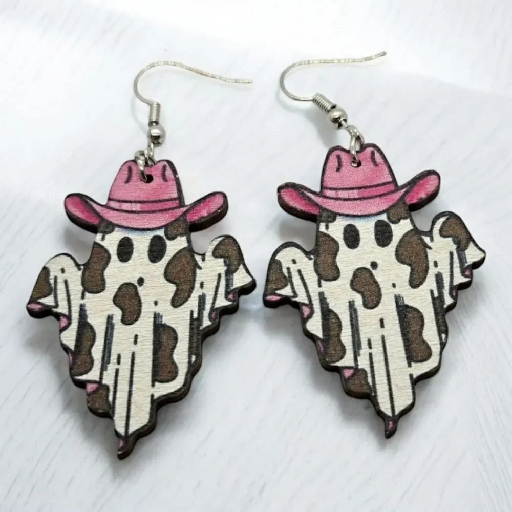 Cowboy Ghost Earrings Cute Spooky Halloween Jewelry Wooden Dangle Gothic Western